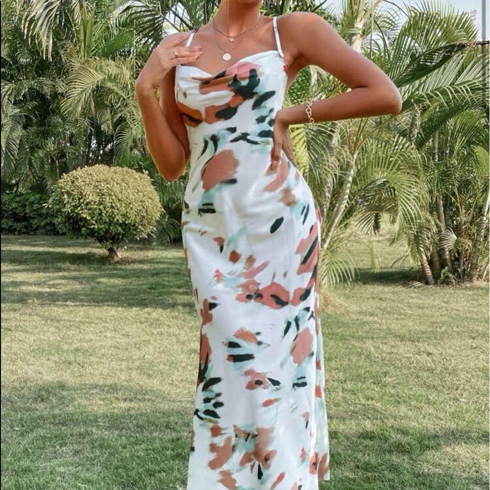 Cowl neck satin cami dress